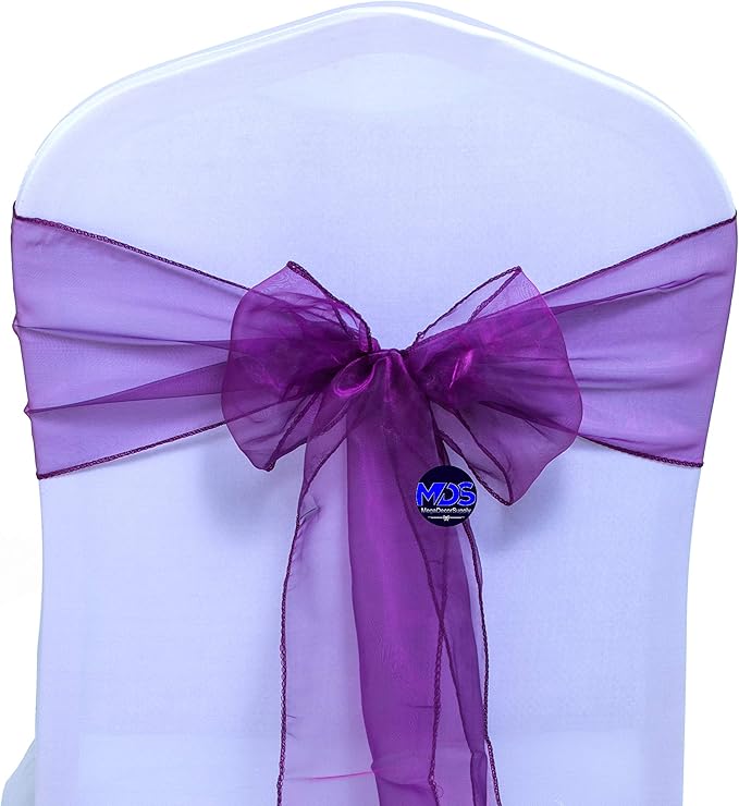 MDS Pack of 125 PCS Organza Chair Sashes Wider Dining Chair Bows Ribbon Tie Back for Wedding Party Birthday Bridal Shower Reception Event Banquet Home Chair Cover Decoration - Dark Purple