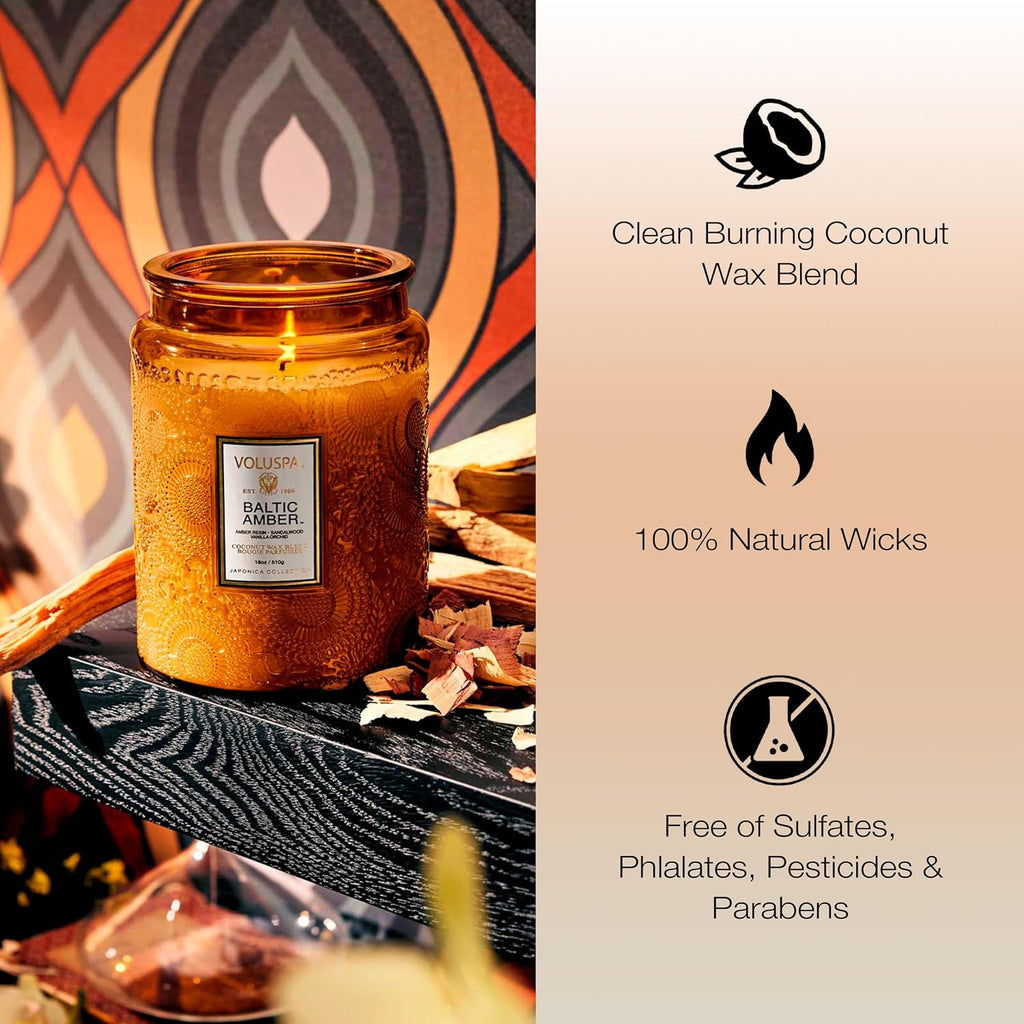Voluspa Baltic Amber Candle, 18 oz, Coconut Wax Blend, Scented Candles for Home, 100 Hour Burn Time, Candle Jar