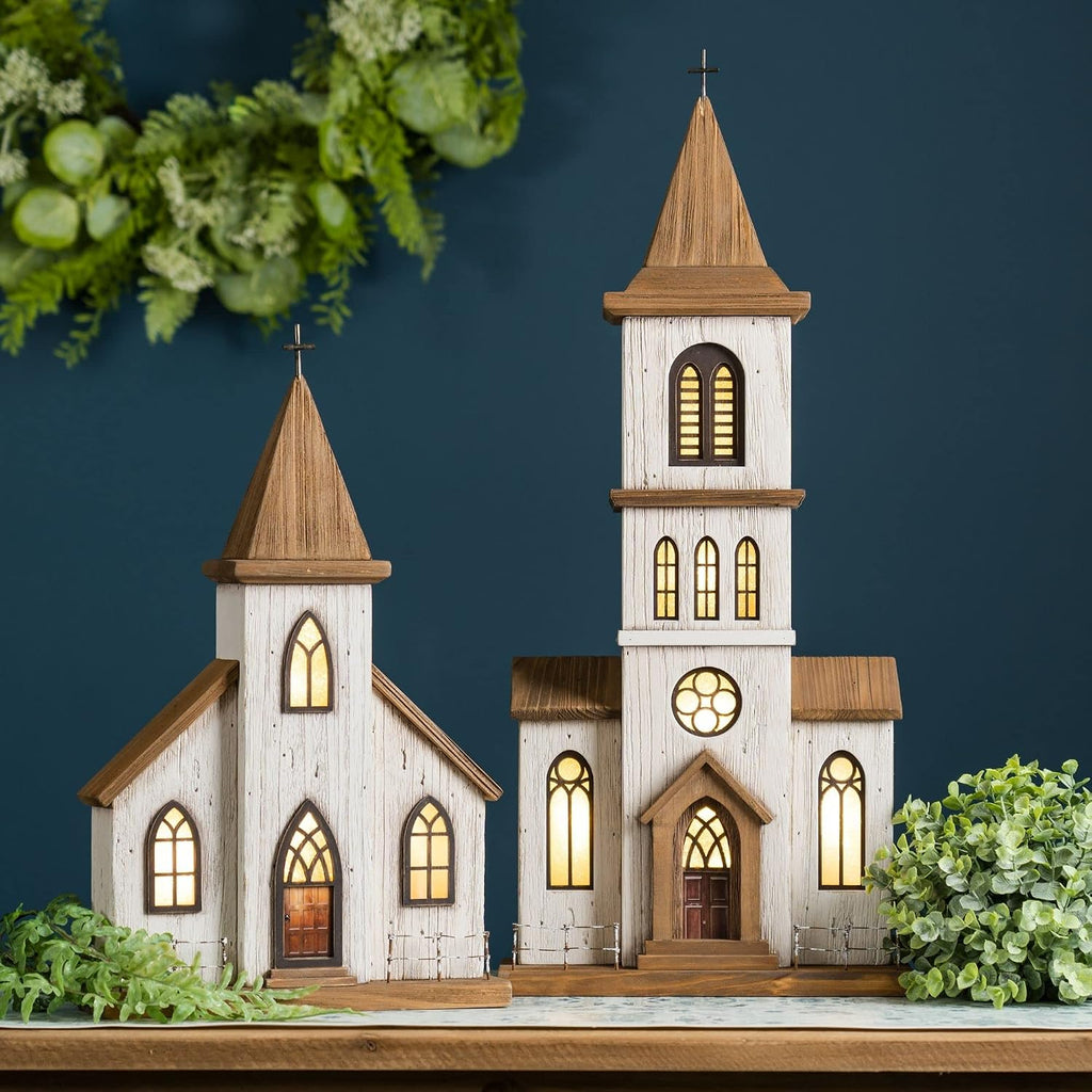 melrose church figurine, 17.75-inch height, wood and iron shown in use