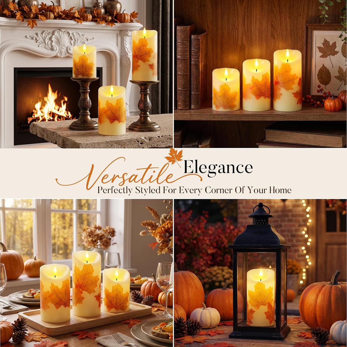 Raycare Maple Leaf Real Wax Flameless LED Pillar Candles with Timer Remote