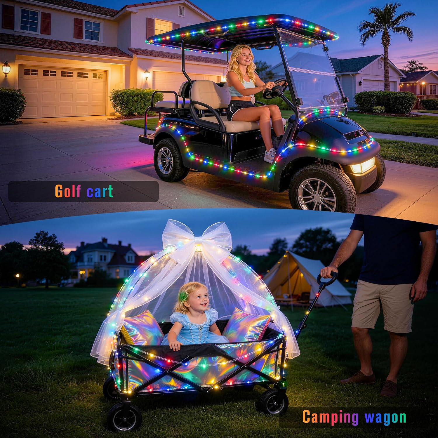 JMEXSUSS 2 Pack Battery Operated String Lights Outdoor with 8 Modes | Total 200 LED 66ft Battery Powered Rope Lights with Remote &Timer, Camping Lights for Trampoline Camping Decor (Multicolor)