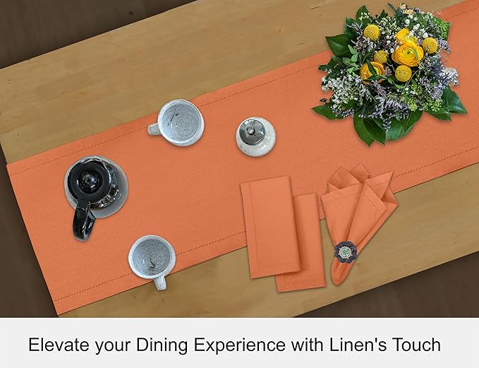 Ruvanti Linen Table Runner 120 Inches, Classic Hemstitch, Washable, Reusable, Non-Slipping, Stain Resistant- Perfect for Parties, Weddings, Dinners, Thanksgiving, Christmas, Indoor use – Orange