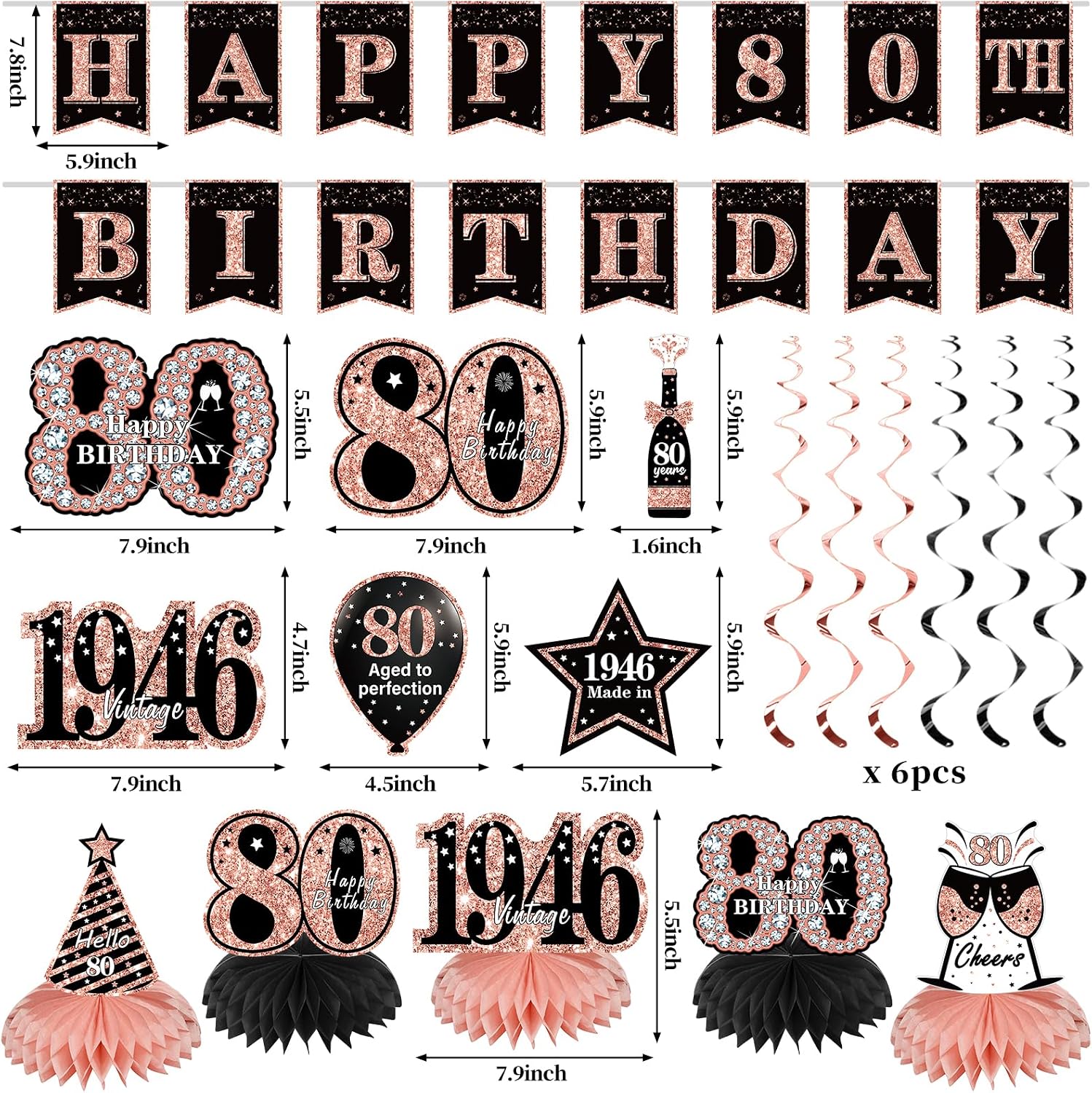 Zirtorei 80th Birthday Decorations for Women, 21pcs the Year 1946 Banner Balloon Party Supplies, Rose Gold 80 Year Old Birthday Backdrop, 80 Bday Honeycomb Centerpiece Hanging Swirls Sash Gifts