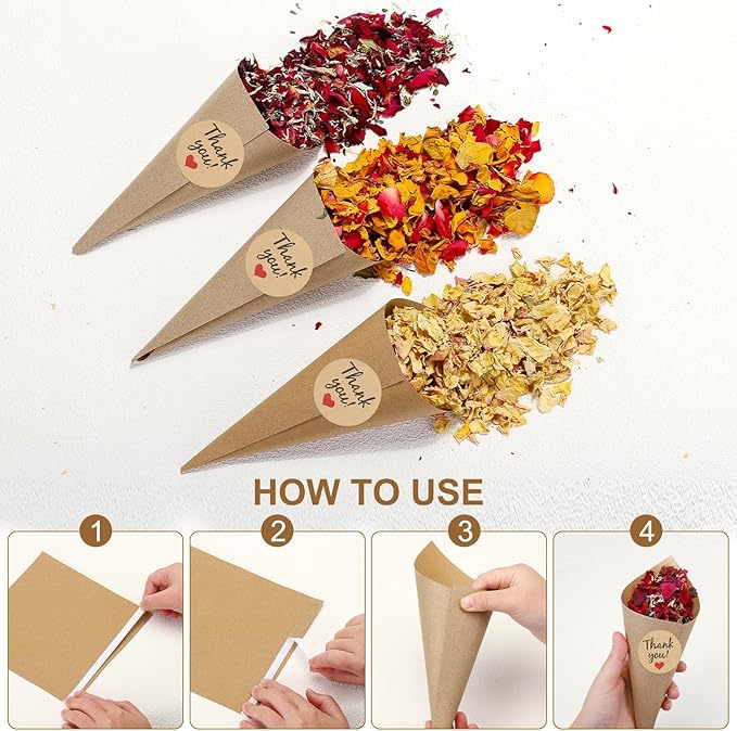 PATIKIL Dried Flower Confetti Cones, 30Pcs Paper Tapers Cone Holder with Dried Rose Petal / Sticker for Wedding Party Engagement Birthday DIY Decoration, Red