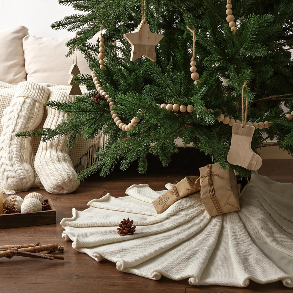36 inch Christmas Tree Skirt: Pencil Tree Skirt for 6ft Tree, Pleated Design Knit Cream White Small Tree Skirt, Vintage Tree Skirts, Rustic Farmhouse Christmas Decorations