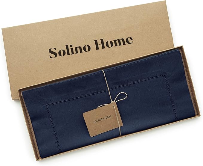 Solino Home Navy Blue Hemstitch Table Runner 36 Inches - Cotton Linen Small Table Runner 14 x 36 Inch Ideal for Dresser and Coffee Tables - Fall, Autumn, Halloween, Thanksgiving, Christmas, Holiday