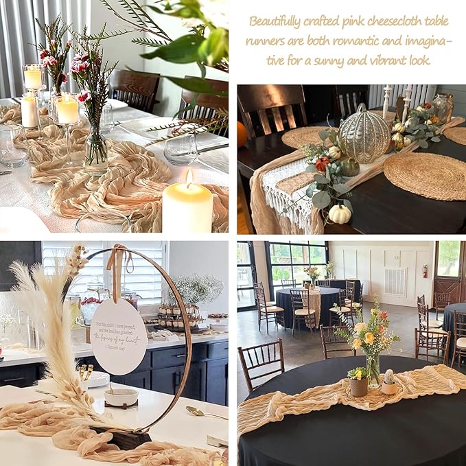 10 Pack Champagne Cheesecloth Table Runner 35x120 Inches, Fall Thanksgiving Cheese Cloth Table Runner 10FT Boho Sheer Gauze Runner for Bridal Shower Wedding Baby Shower Party Decor