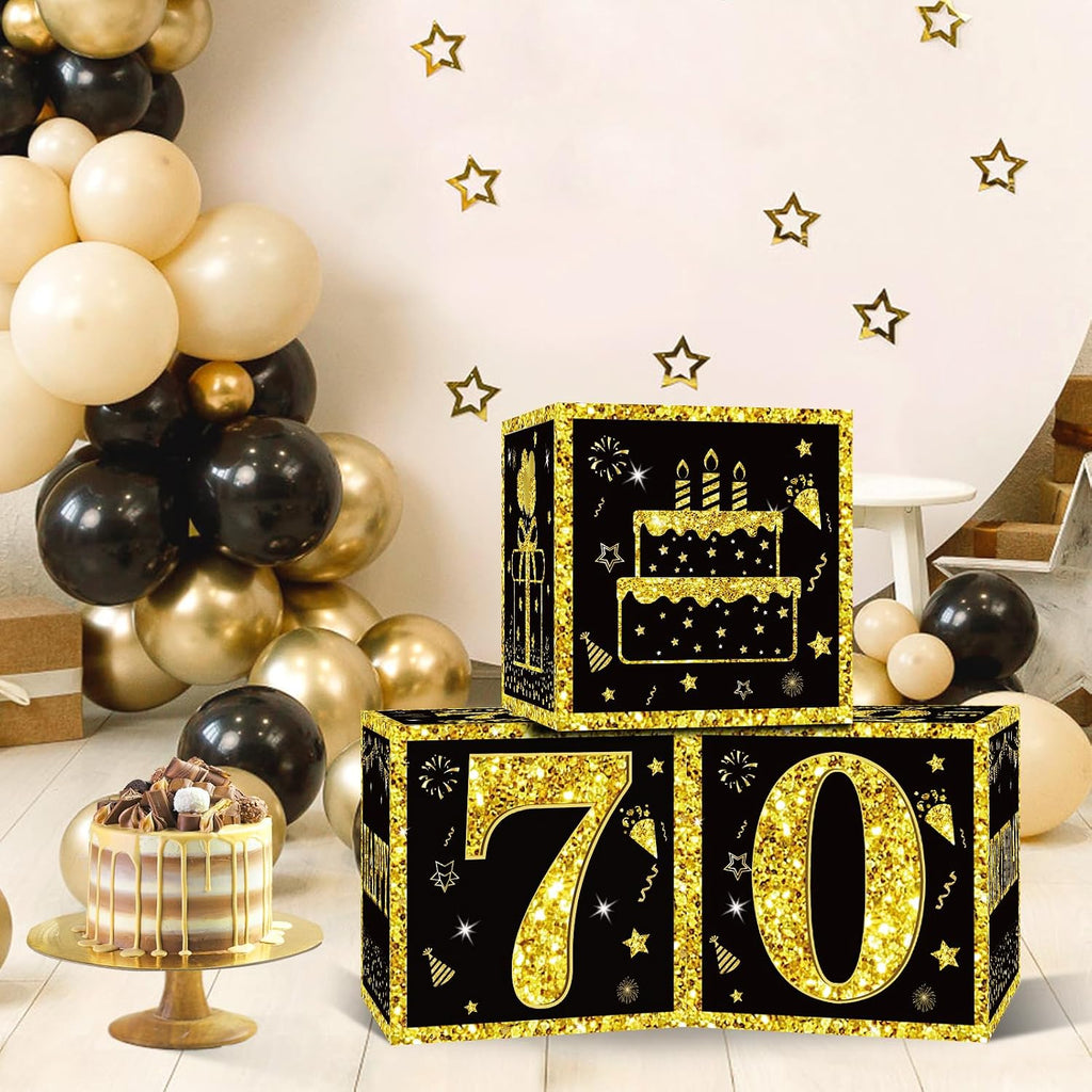 Eiurteao 3pcs 70th Birthday Decorations Boxes for Men Women, Black Gold Happy 70 Birthday Balloons Boxes Party Supplies, 70 Year Old Bday Theme Cardboard Box