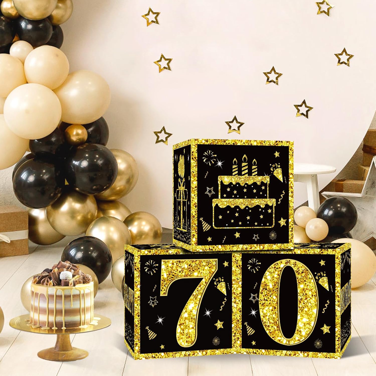 Eiurteao 3pcs 70th Birthday Decorations Boxes for Men Women, Black Gold Happy 70 Birthday Balloons Boxes Party Supplies, 70 Year Old Bday Theme Cardboard Box