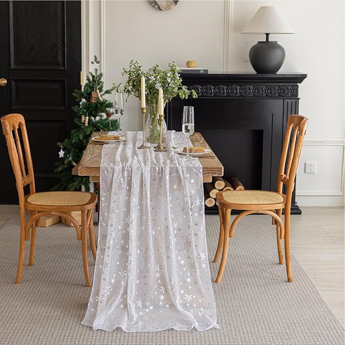 Silvery Snowflake Metallic Print Tulle Christmas Table Runner, Seasonal Winter Kitchen Dining Table Decoration for Home Party Decor 35x120 Inch(Off White)