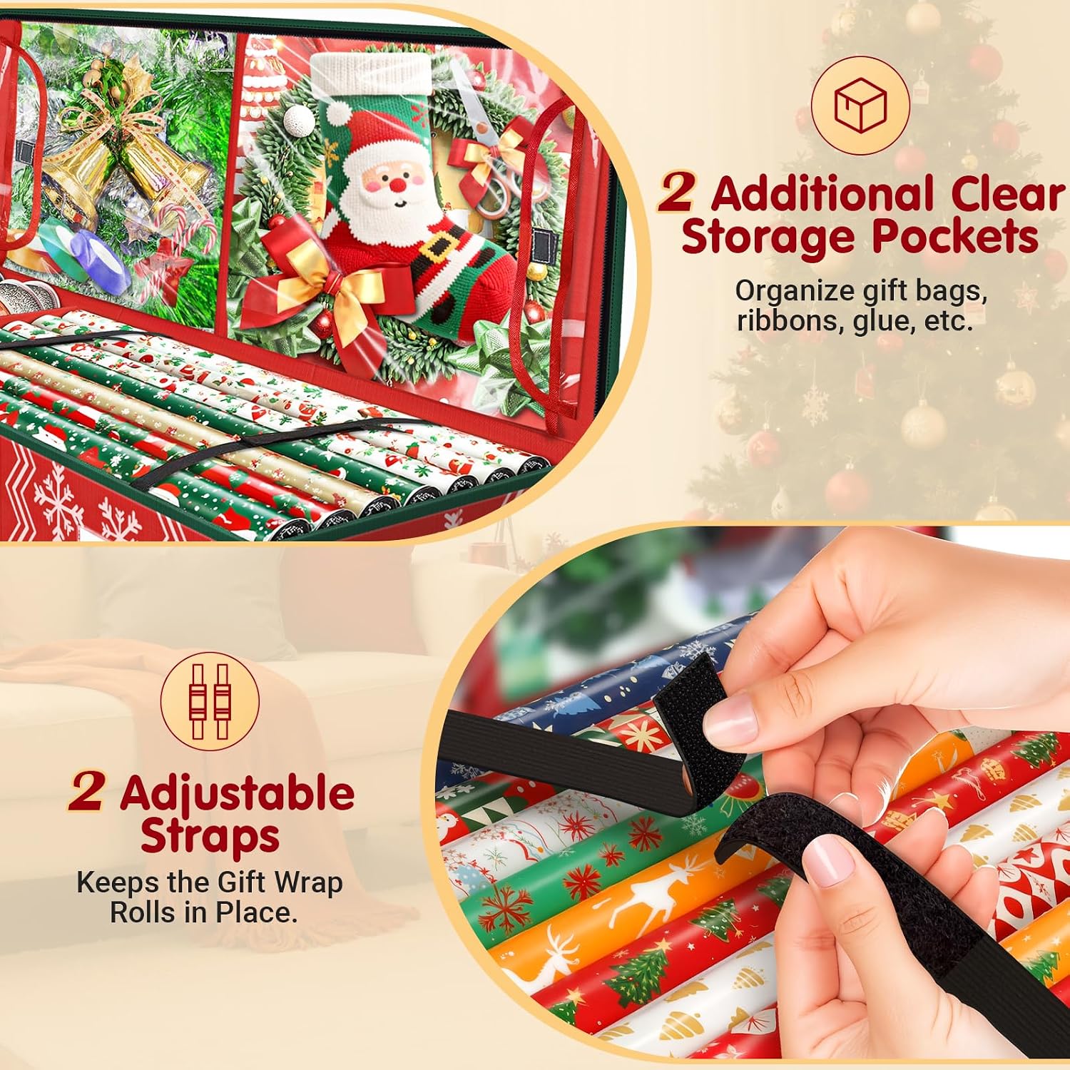 Wrapping Paper Organizer Storage, Christmas Wrapping Paper Storage with Flexible Partition & Pockets for Christmas Decorations, Ribbon, Underbed Gift Wrap Organizer for Holiday(Wave and Snowflake/Red)