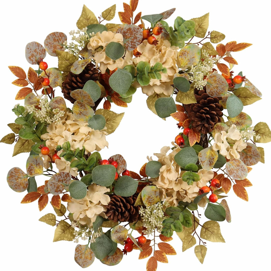 22 in fall hydrangea wreath with eucalyptus, pinecones, main product view