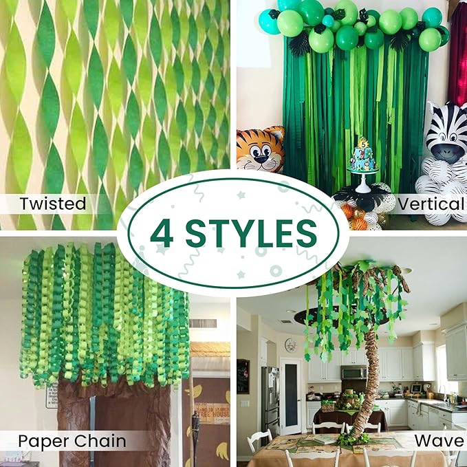 PartyWoo Green Crepe Paper Streamers 4 Rolls 328 ft Pack of Dark Light Pastel Lime Green Crepe Paper for Graduation Christmas Jungle Birthday Anniversary Party Decorations (1.8 Inch x 82 Ft/Roll)