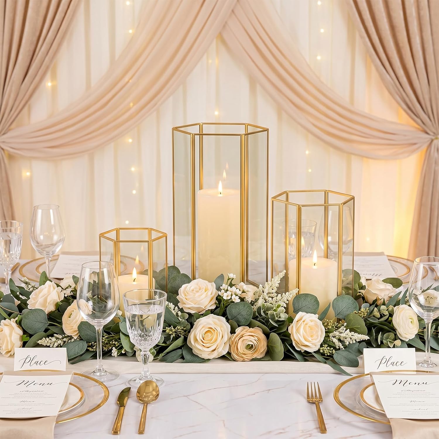 Glass Hurricane Candle Holder, Set of 3 Large Clear Hexagon Lanterns Pillar Candle Lantern with Gold Metal Frame Wedding Centerpiece Table Decor Home Decorations