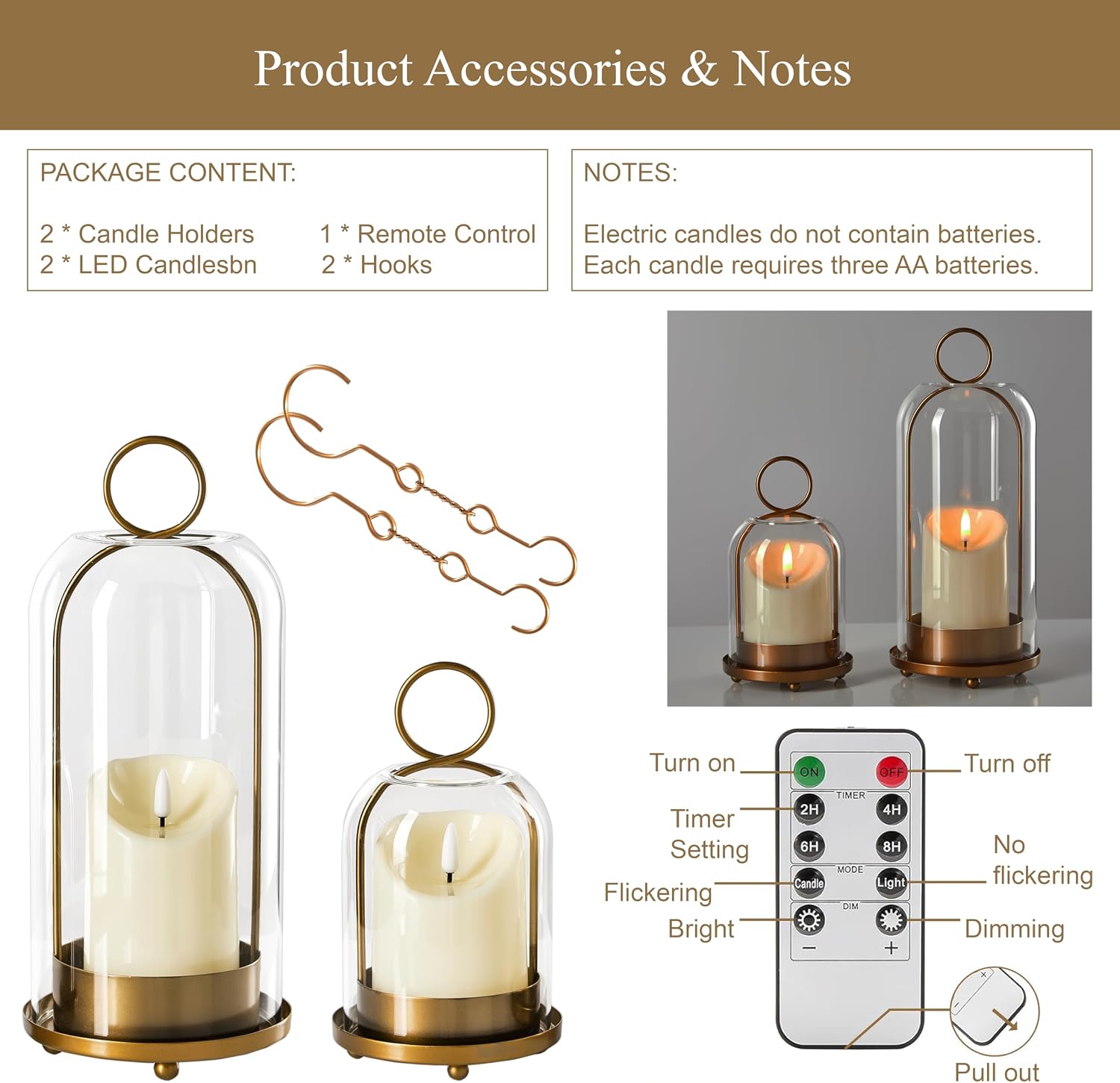 5"&4" Metal Candle Holder with Handmade Glass Dome in Brass & 2 Timer Candles, Set of 2 Versatile Hurricane Glass Candle Holders for Pillar Candles & Plants