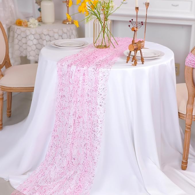 Snowkingdom 10 FT Pink Table Runner, Sequin Glitter Sheer Chiffon Gauze Cheesecloth Pastel Runner 120 Inch , Pink Party Table Decoration for Birthday Wedding Bridal Baby Shower Spring Summer Holiday