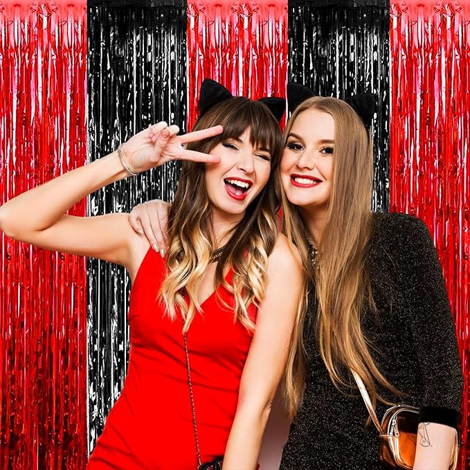 4 Pack Foil Fringe Curtain Backdrop, 3.28Ft x 8.2Ft Metallic Tinsel Foil Fringe Streamers for Photo Booth, Wedding, Casino Viva Las Vegas Game Night Birthday Party Decoration (Black Red)