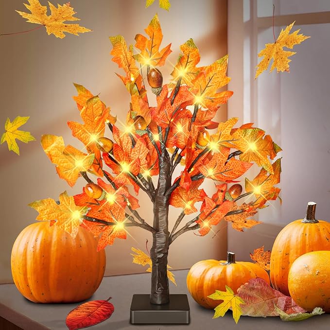 18 Inch Fall Lighted Maple Tree with 36 LEDs, 6 Acorns, Timer Battery Operated Tabletop Artificial Tree for Autumn Thanksgiving Halloween Christmas Harvest Indoor Decorations