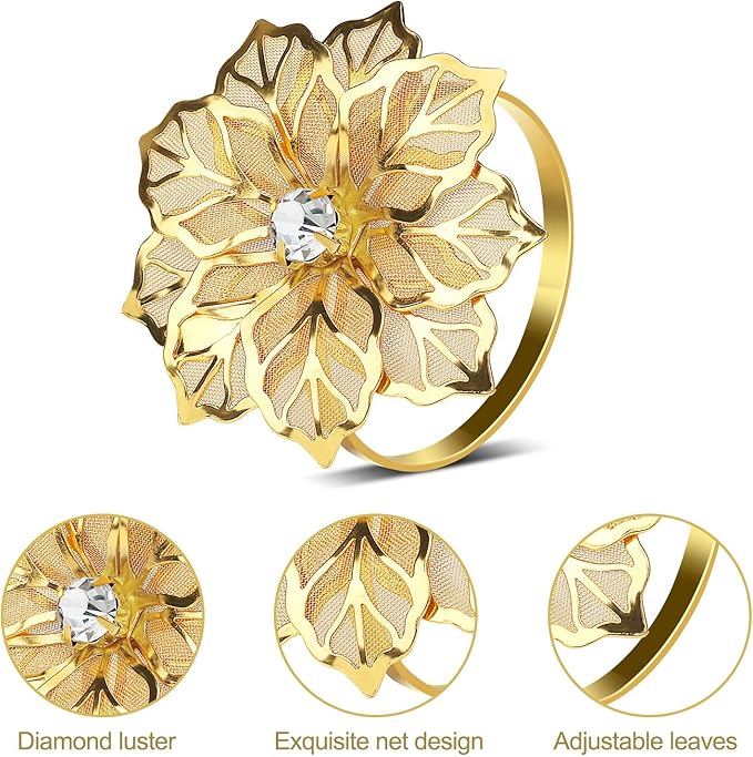 KPOSIYA Flower Napkin Rings Holder Metal Gold Napkin Rings Set of 6 for Wedding Party Holiday Banquet Christmas Dinner Delicate Serviette Buckles Decor Favor (6, Flower-Gold)