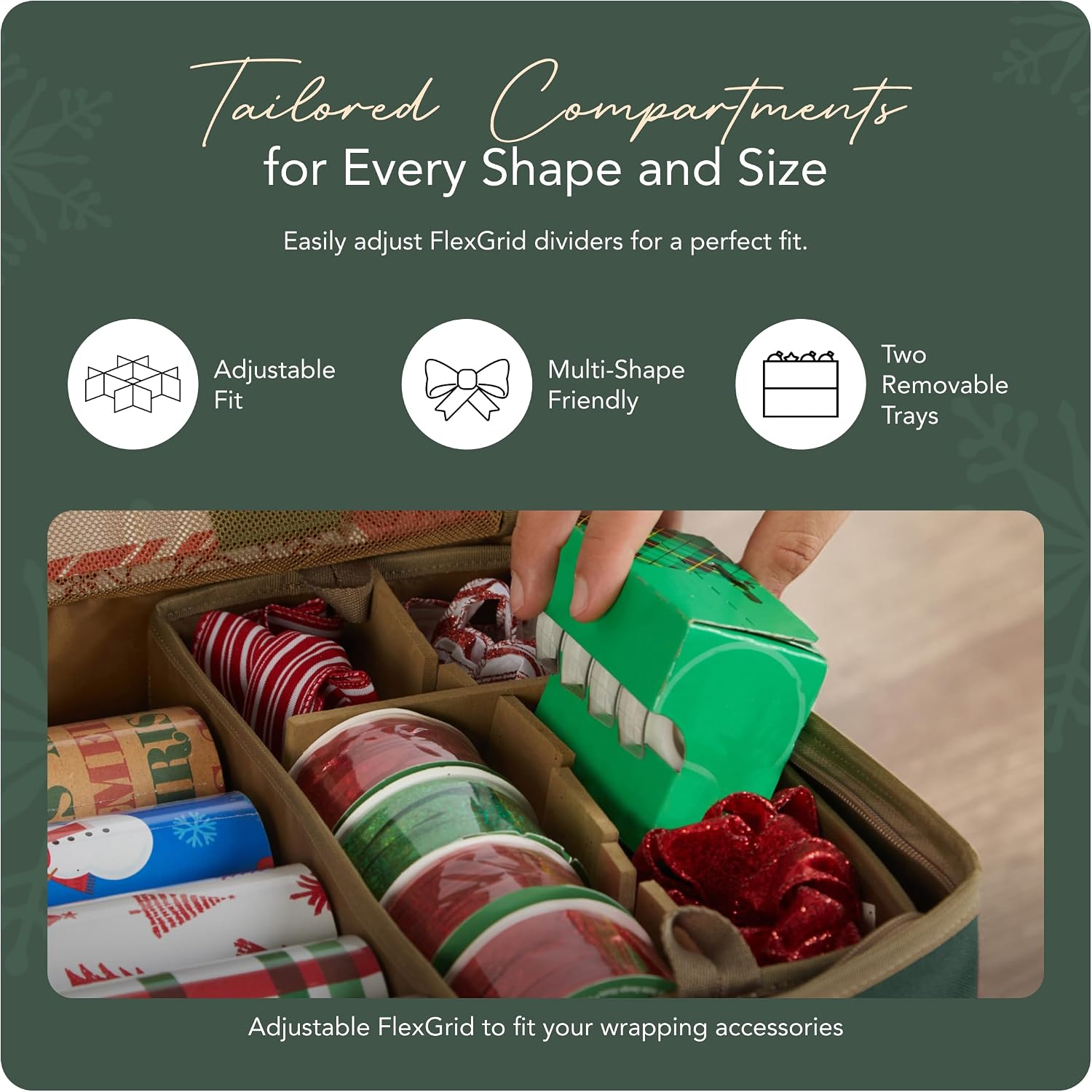 Covermates Keepsakes Gift Wrap Storage Organizer – Heavy-Duty Polyester with Buckle Straps & Interior Pockets – Holds Up to 15 Rolls of Gift Wrap with Handles & Label Window, Green