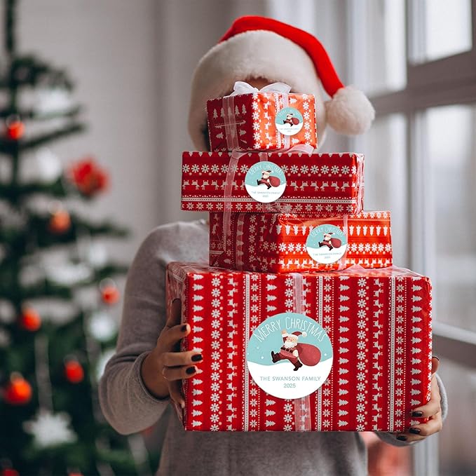 36pcs Personalized Christmas Stickers Gift Wrap Labels-Available in 12 Templates Custom Waterproof Cute Santa Reindeer Decals for Christmas Gift Box Tags Party Decorations Envelopes (Round Sticker)