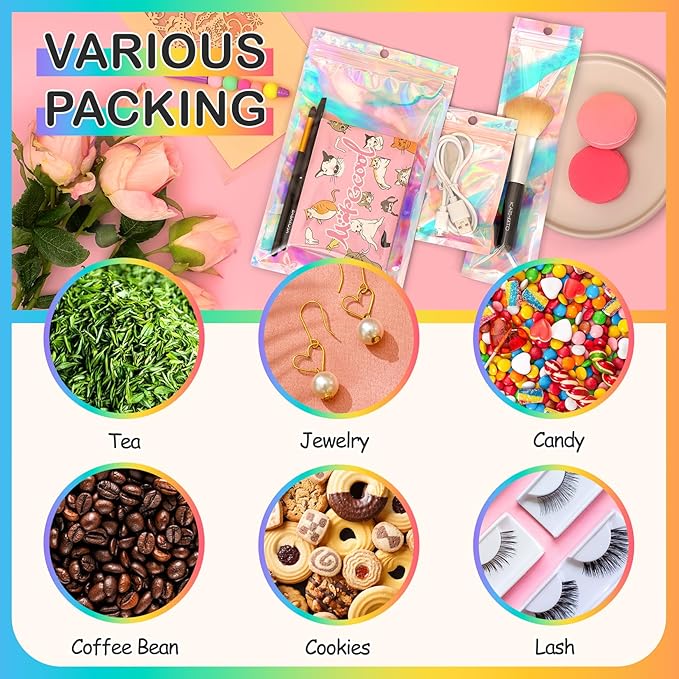 Funfery 100 Pack Smell Proof Holographic Bags Clear Window Resealable Bags,Mylar Foil Bag with Zipper,Sealing Pouch Packaging Bag for Food Storage,Candy,Party Favor Sample Business Supplies(4x6in)