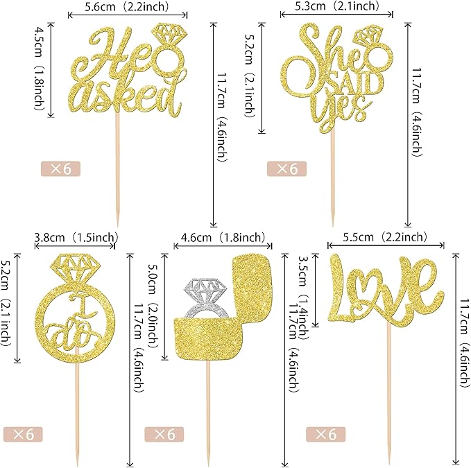 30 PCS He Asked She Said Yes Cupcake Toppers Love I Do Diamond Ring Cupcake Picks for Wedding Enaggement Bridal Shower Party Cake Decorations Supplies Gold