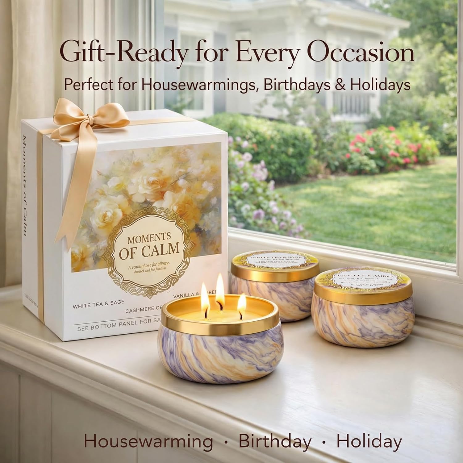 YMing 3-Wick Candle Gift Set, 3 Pack, 14 oz Each, Scented Candles for Home, White Tea & Sage, Vanilla & Amber, Cashmere Cedar
