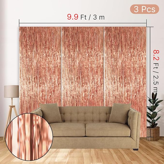 PartyWoo Rose Gold Curtains Backdrop Streamers 3pcs 8.2ft Rose Gold Foil Fringe Tinsel Backdrop Curtain for 21st Birthday Baby Shower Bridal Shower Wedding Engagement Groovy Pajama Party Decorations