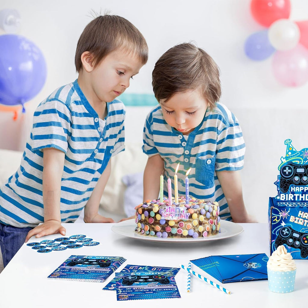 WERNNSAI Video Game Party Invitation - 24 Set Fill-in Blue Gaming Birthday Invitation Cards with Envelopes Sticker for Boys Kids Double-Sided Printed Game On Invitations for Celebration Party Supplies