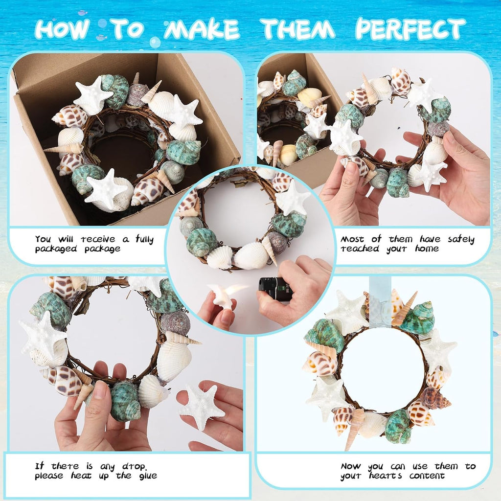 6 Pcs Summer Seashell Mini Starfish Wreath with Ribbon Beach Pillar Candle Holder Natural Shell Hanging Wreath for Front Door Ocean Cruise Wedding Parade Window Fireplace