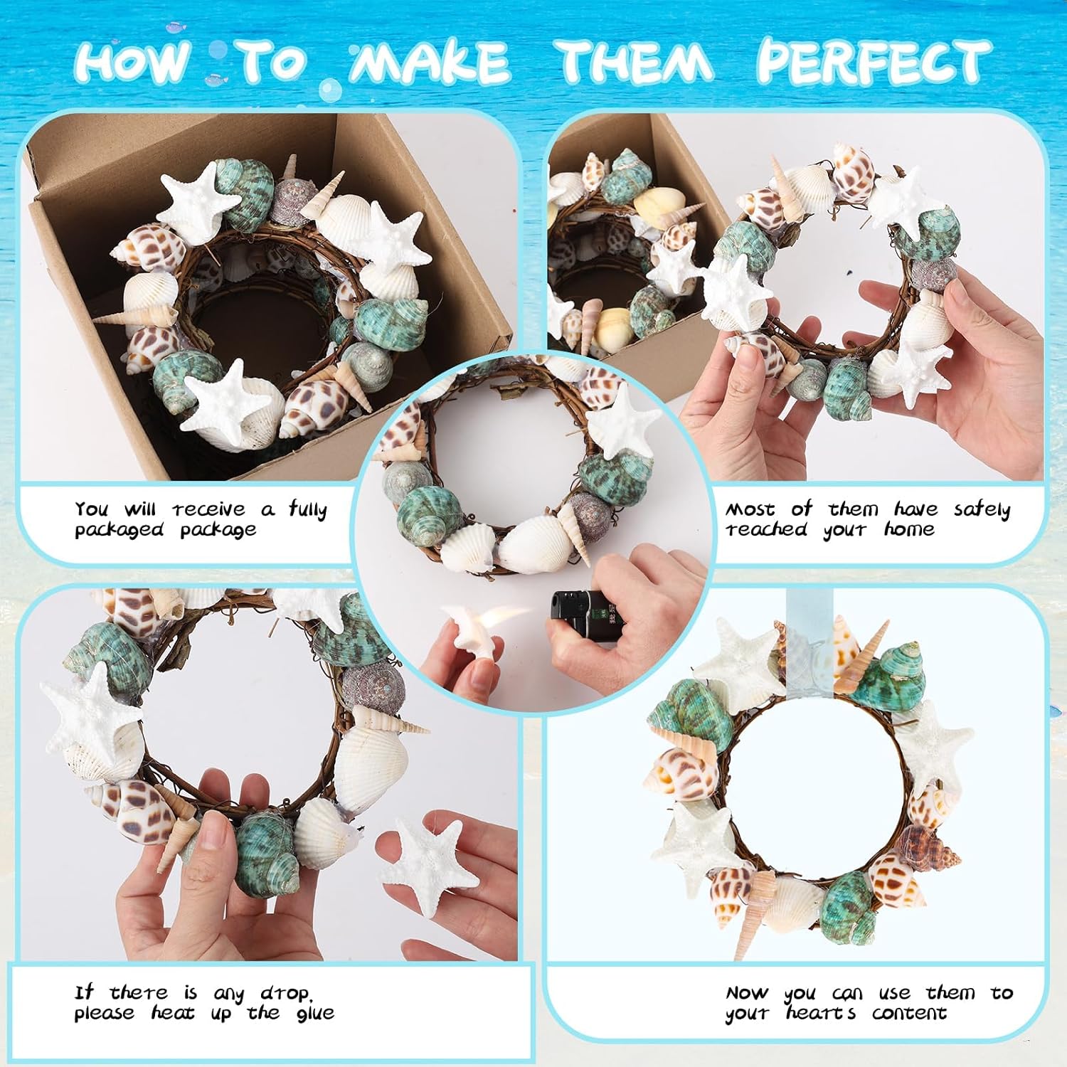 6 Pcs Summer Seashell Mini Starfish Wreath with Ribbon Beach Pillar Candle Holder Natural Shell Hanging Wreath for Front Door Ocean Cruise Wedding Parade Window Fireplace
