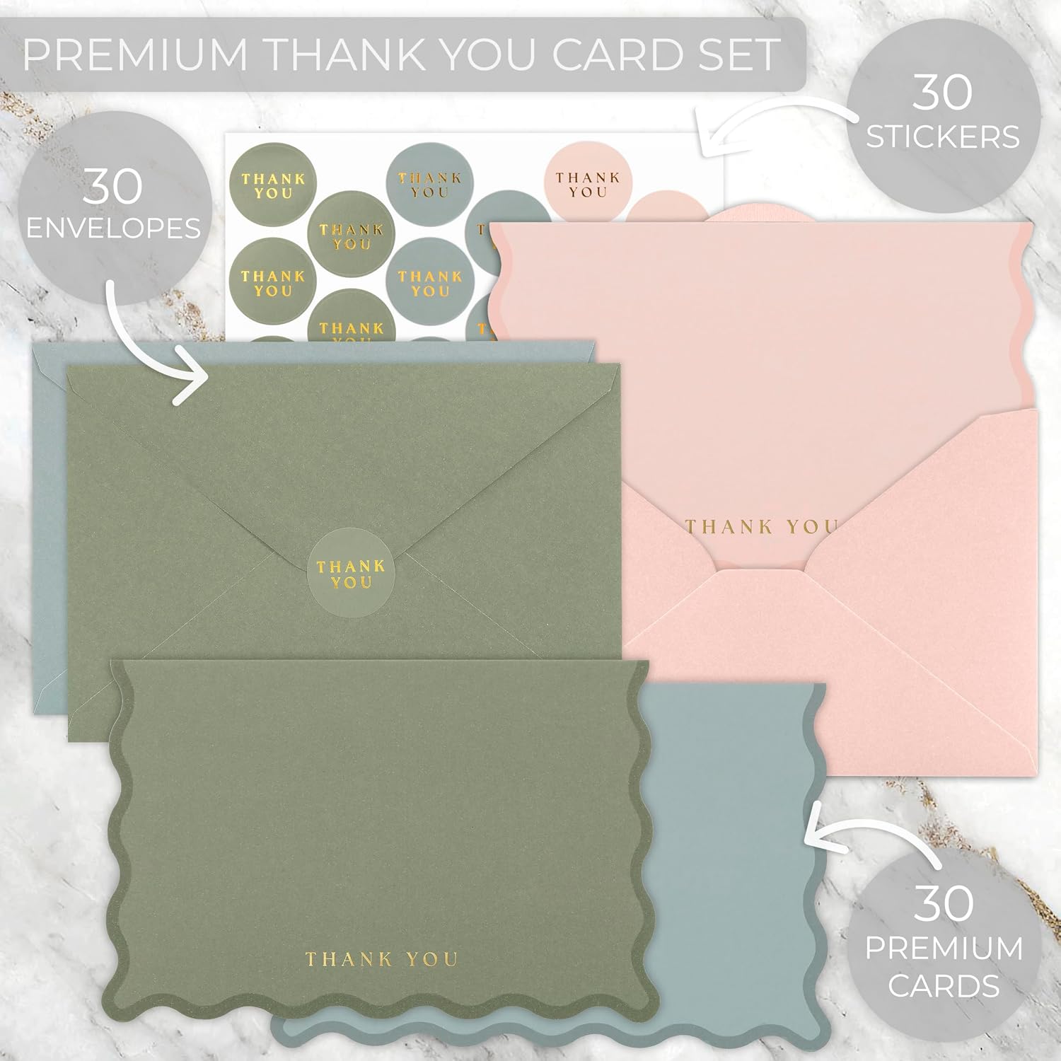 Beautiful Thank You Cards Set of 30 With Envelopes and Stickers - Elegant Blank Cards For Personalized Notes - Perfect Bulk Stationary Set For All Occasions incl. Weddings, Business & Baby Showers