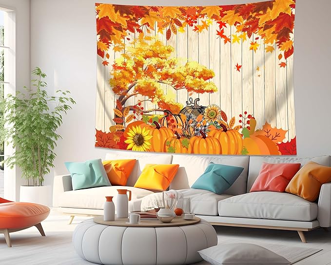 QGHOT Fall Tapestry Wall Hanging Autumn Photo Backdrop Rustic Orange Wood Tapestry Tree Maple Leaf Pumpkin Nature Landscape Country Tapestries for Bedroom Room Thanksgiving Decor (59.1"x51.2")