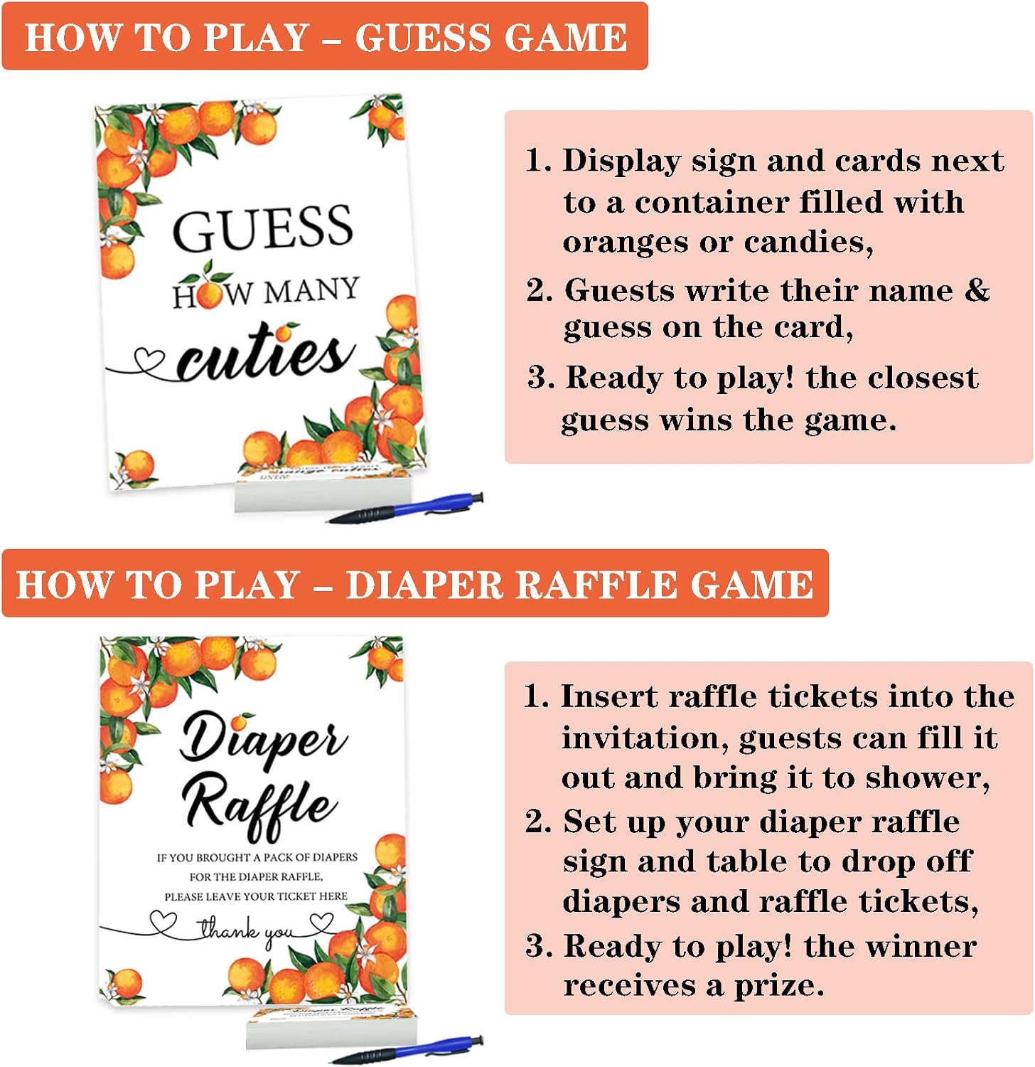 Senfaro 50 Little Cutie Orange Diaper Raffle Tickets and 1 Sign Baby Shower Games Orange Theme Guess How Many Cuties Sign with 50 Cards Baby Shower Candy Guessing Game