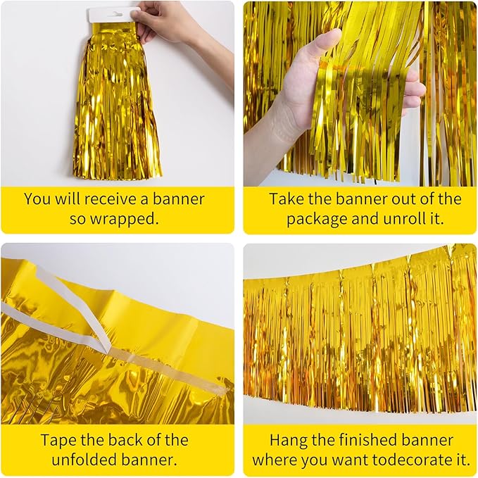 Gold Birthday Decorations Tinsel Garland Parade Float Decorations for Trailer 4Pack 12FT Christmas Party Decor Ceiling Fringe Banner Backdrop for Streamers Party Decorations
