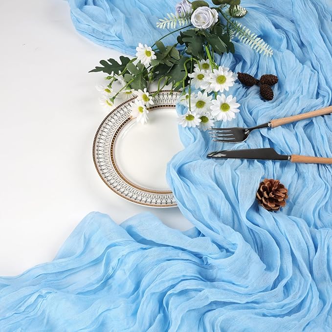 12 Pack Baby Blue Cheesecloth Table Runner 10ft Boho Gauze Fabric Cheese Cloth Table Runner 35 x 120 Inch Rustic Sheer for Romantic Wedding Decor Baby Shower Party Table Centerpiece Decoration