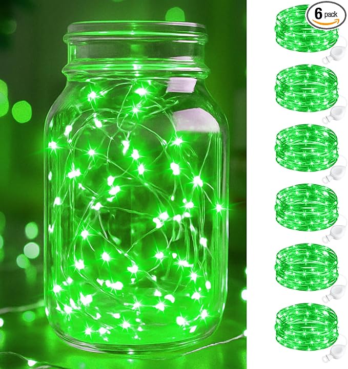 btfarm 6 Pack Fairy Lights Battery Operated, 7FT 20 LED Mini String Lights Waterproof Silver Wire for Mason Jars Centerpiece Table Crafts Bedroom Christmas Decoration, Green