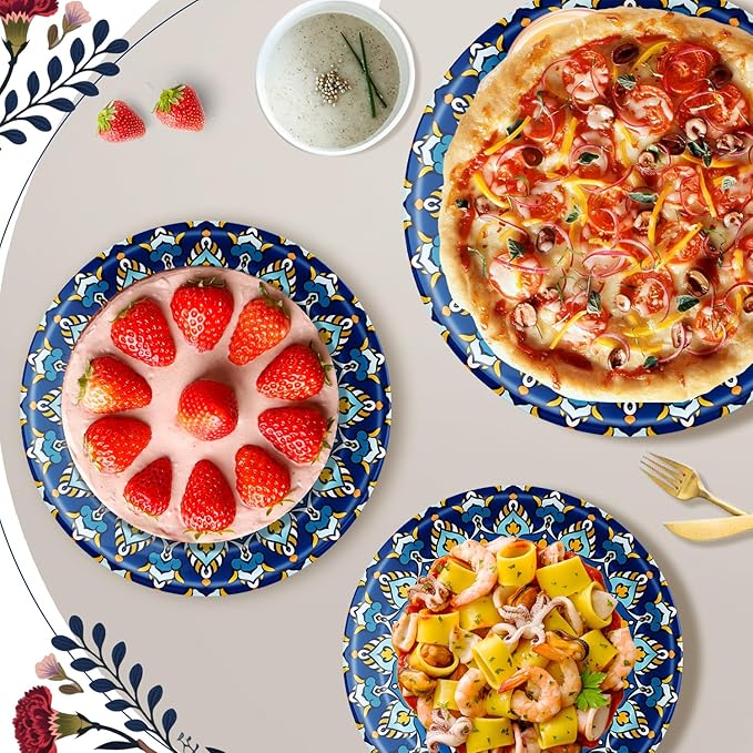 100 Count Boho Paper Plates (50×7"+ 50×9") – Disposable Plates for Party, Retro Bohemian Style Dessert Dinner Plate Set for Daily Use, Holiday, Wedding, Events