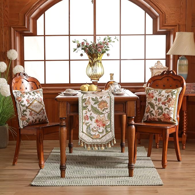 patdrea Designer Elegant French Floral Extra Long Velvet Table Runner,Green with Orange Blossoms Pattern Table Mat,Decoration for Kitchen Dining Coffee Table Cabinet Banquet Thanksgiving,12"*118"