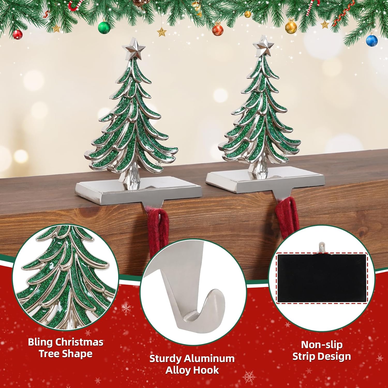 G GOOD GAIN Christmas Stocking Holders for Mantle - Set of 2 Christmas Tree Weighted Stocking Hangers with Non-Slip Base Silver Sturdy Metal Hooks for Fireplace Shelf Counter Holiday Decorations
