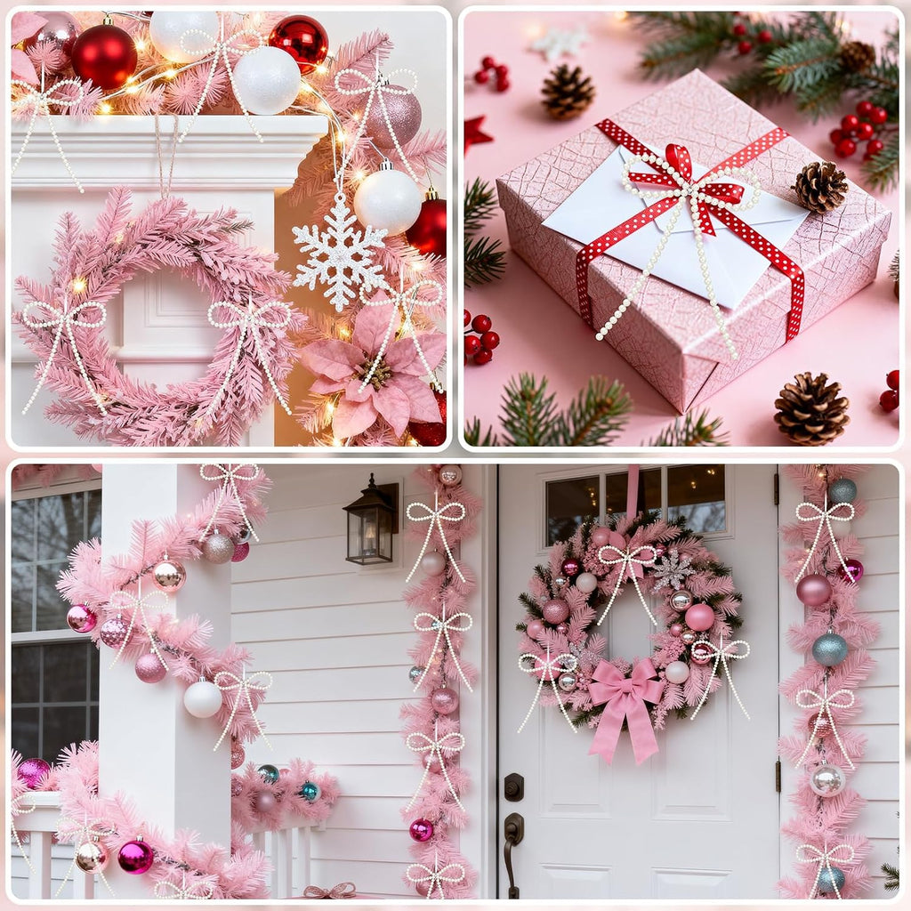 12 Pcs White Pearl Bow Ornaments for Christmas Tree Decorations Pearl Christmas Ornaments Hanging Christmas Tree Toppers for Xmas Gift Packaging Home Wreath Fireplace Fence Wedding Holiday Party Decor