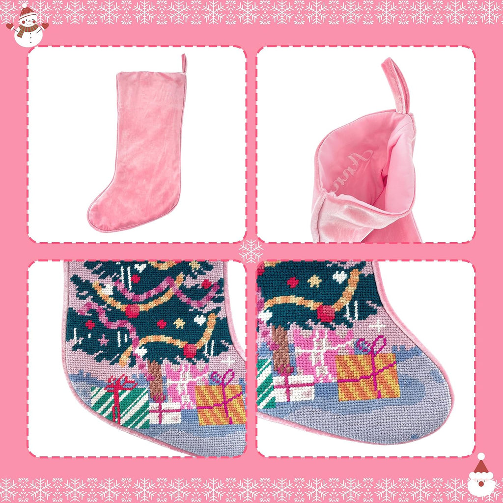MT WORLD Needlepoint Christmas Stockings Personalized Snowman Santa Nutcracker Christmas Tree Embroidered Family Stockings for Holiday Applique Pink Velvet Stocking with Name for Family Decoration