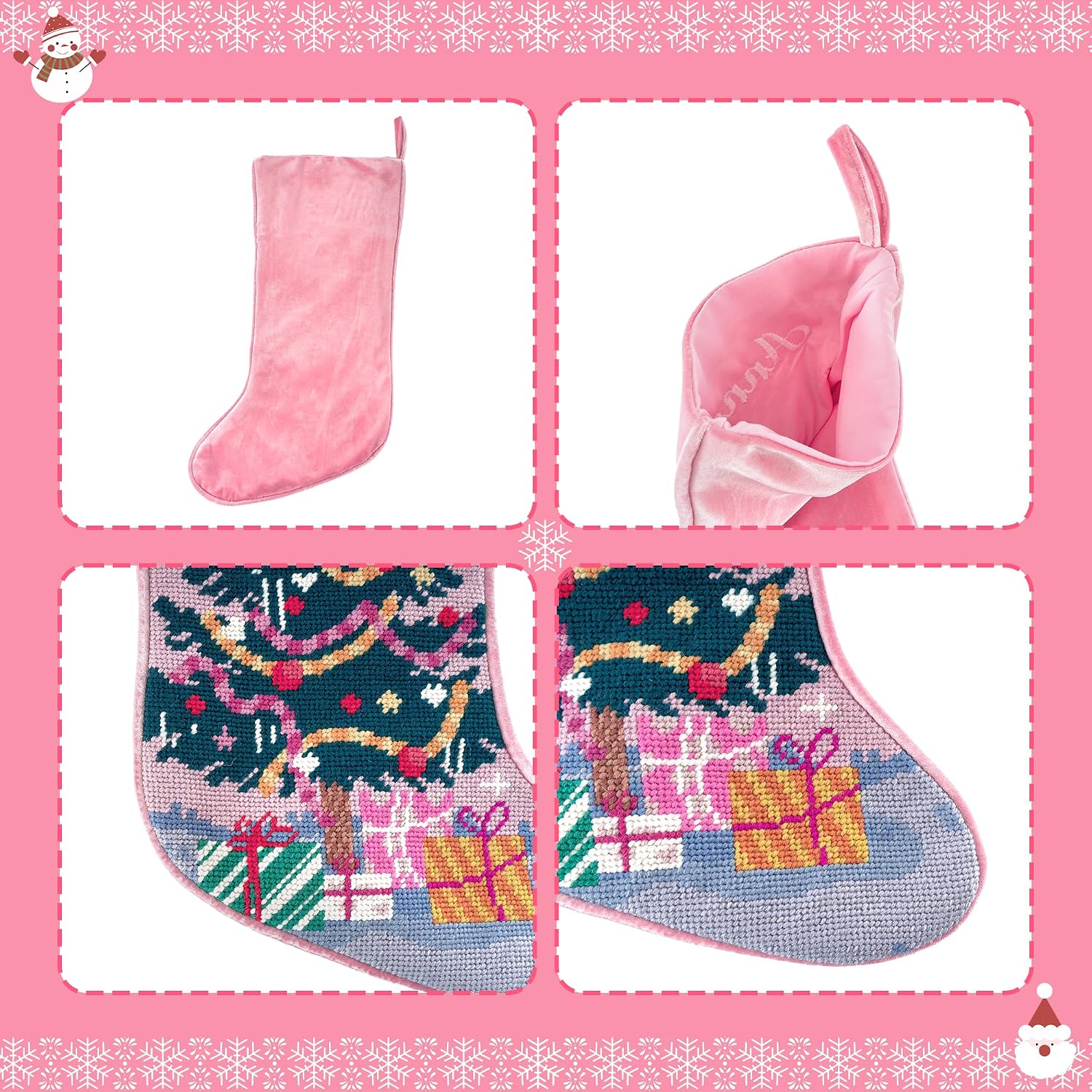 MT WORLD Needlepoint Christmas Stockings Personalized Snowman Santa Nutcracker Christmas Tree Embroidered Family Stockings for Holiday Applique Pink Velvet Stocking with Name for Family Decoration