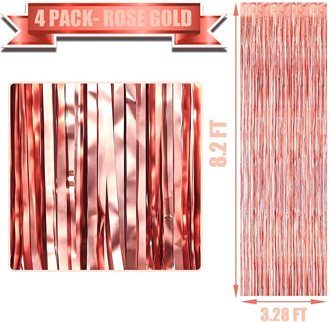 4 Pack Rose Gold Foil Fringe Curtain Backdrop, 3.28Ft x 8.2Ft Metallic Tinsel Foil Fringe Streamers Curtains for Party,