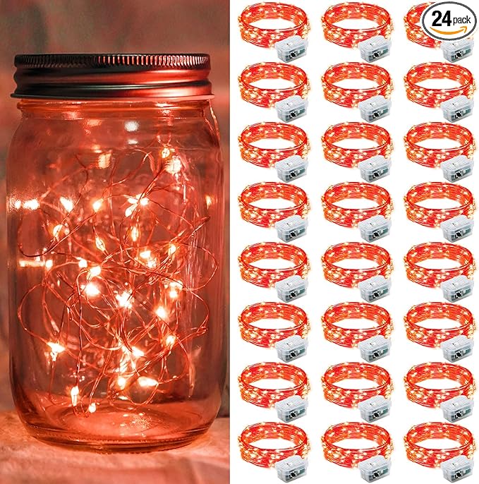 24 Pack Red Fairy Lights 7Ft 20 LED Twinkle String Lights 3 Modes Battery Operated Waterproof Firefly Starry for Mason Jar Party Wedding Christmas Valentines Day Table Centerpieces
