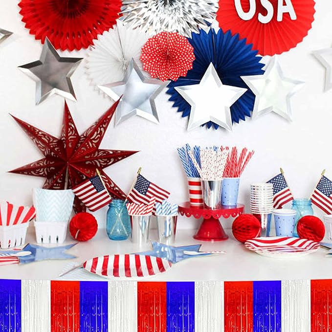 6 Pack 10 Ft White Blue Red Foil Fringe Garland Metallic Streamers Tinsel Banner Wall Hanging Garland Backdrop for Parade Floats, Halloween, Christmas, Thanksgiving, New Year Party Decorations