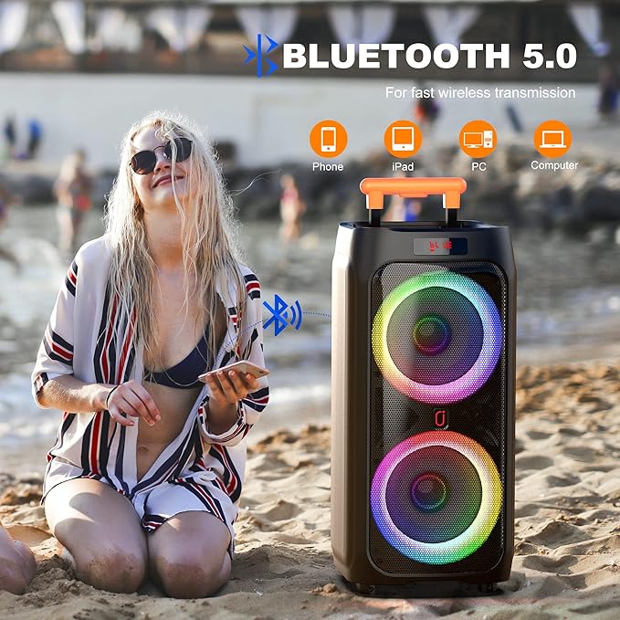 JYX Karaoke Machine with 2 Wireless Microphones, 8" Big Portable Bluetooth Speaker for Adults with RGB Light PA System Treble & Bass, Support TWS/USB/AUX/TF Card/REC, for Home Party Outdoors