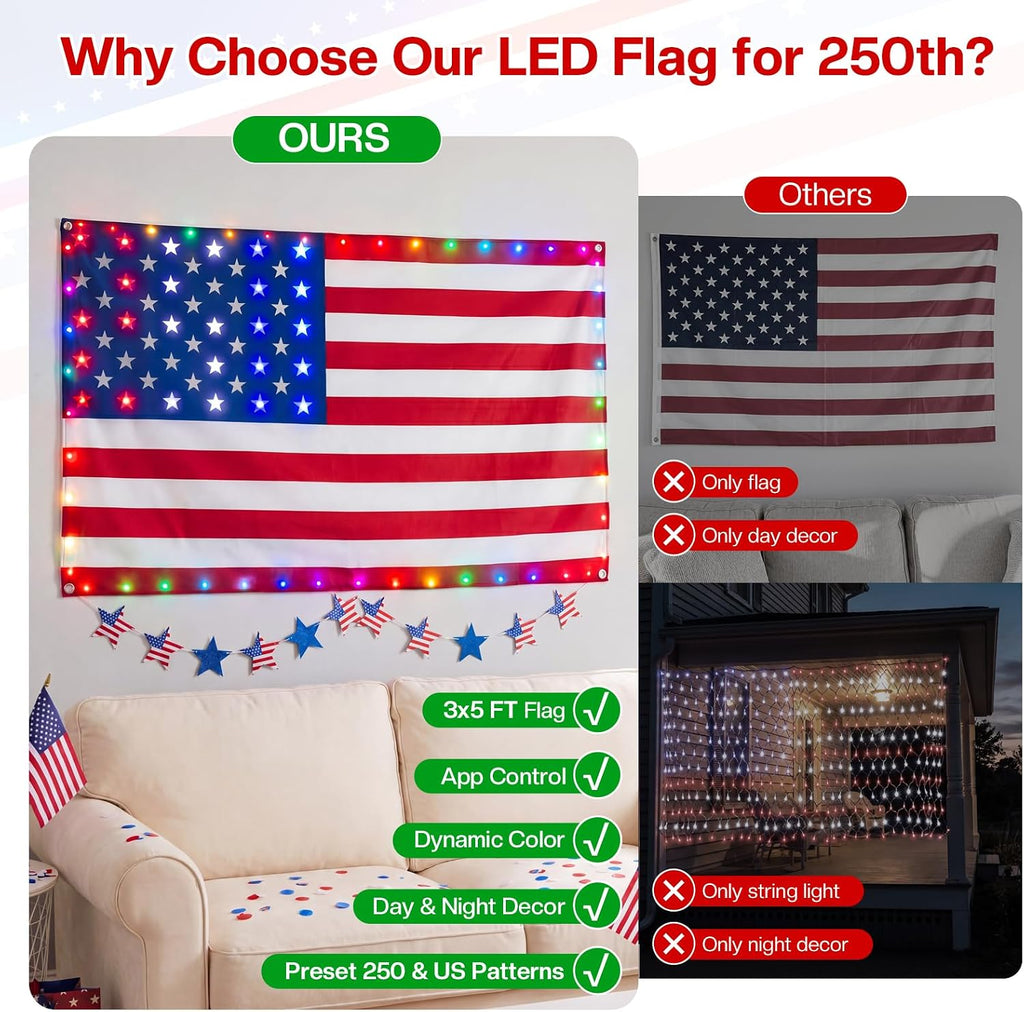 smart lighted american flag 3x5 ft, app control shown in use