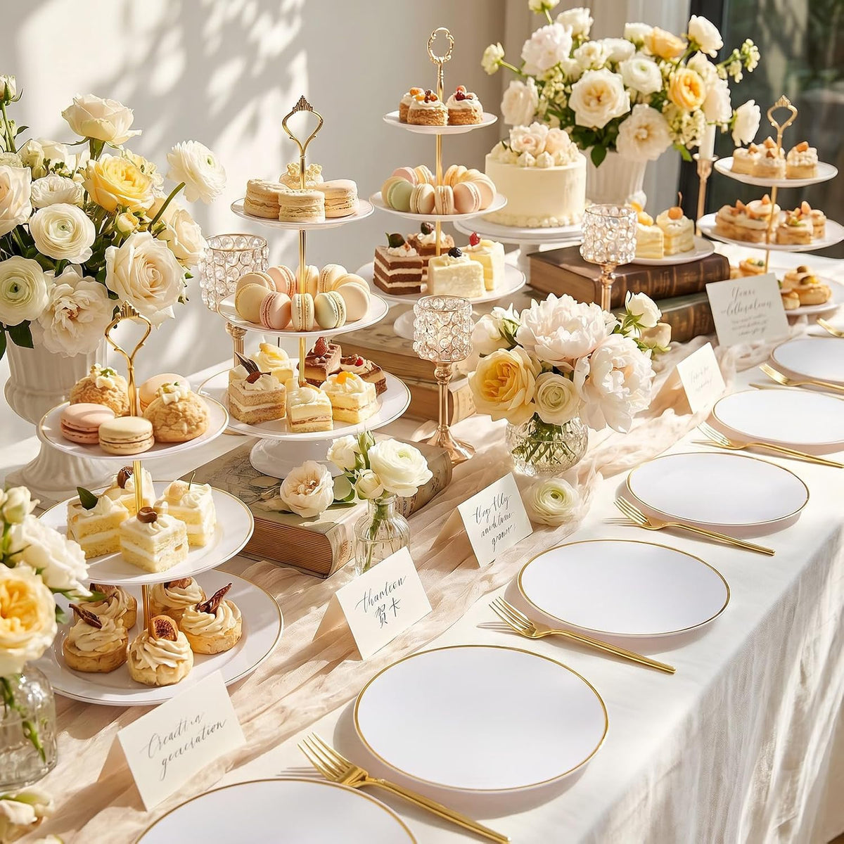 Rubtlamp 200Pcs Gold Plastic Dessert Plates,White Appetizer Platos with Gold ...
